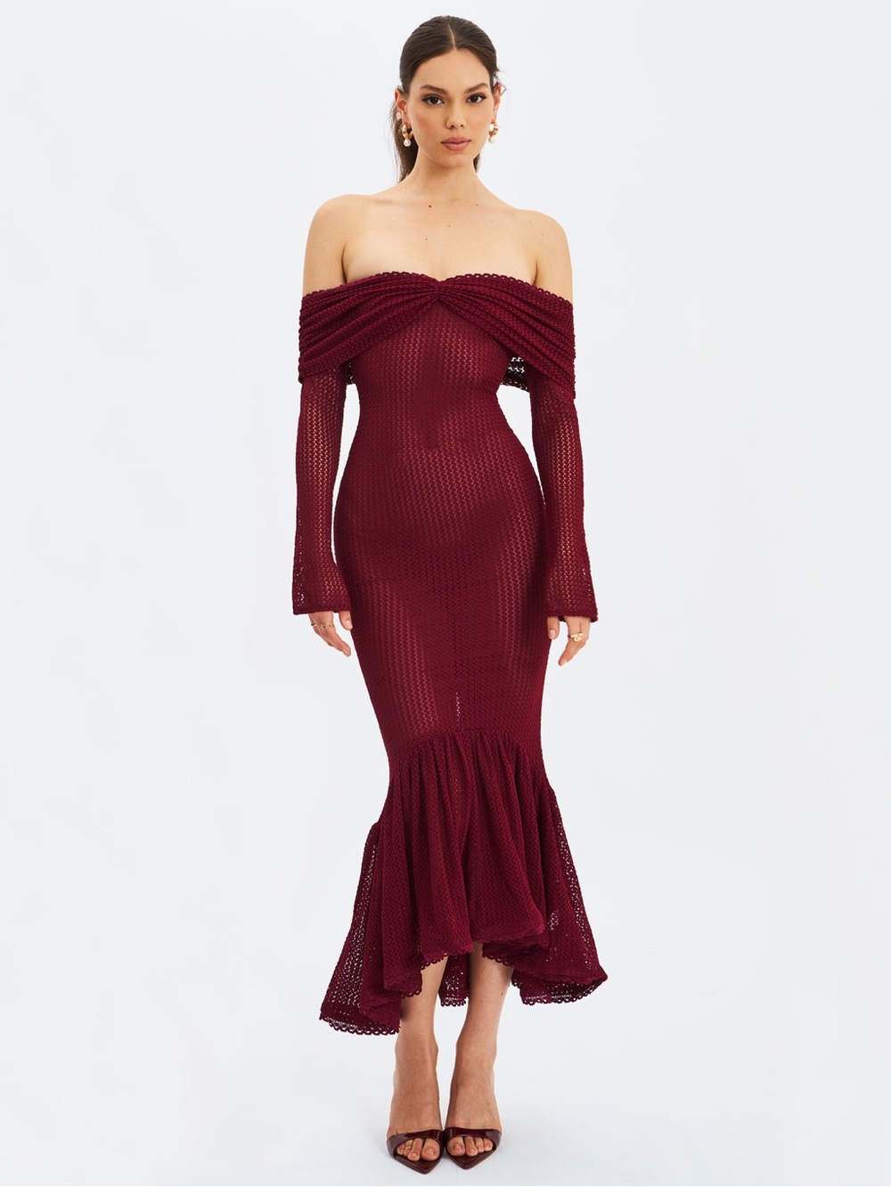 Miss Circle Kaedyn Burgundy Off Shoulder Long Sleeve Crochet Mermaid Maxi Dress